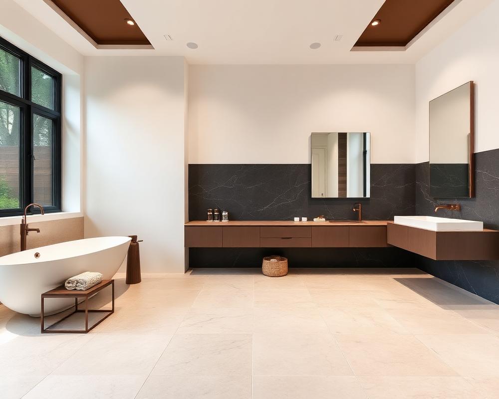 Stone-tiled bathroom with floor and feature wall installation