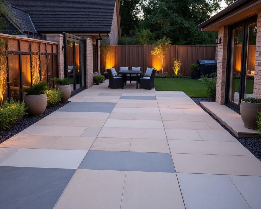 Large-format patio tiling in a contemporary garden